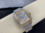 Square wristwatch on wristband display with gold-edged blue dial and diamond bezel