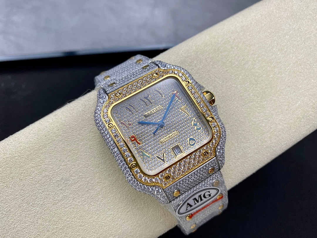 Square wristwatch on wristband display with gold-edged blue dial and diamond bezel