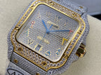 Square watch with blue textured dial, gold trim, diamond surround, and light gray strap
