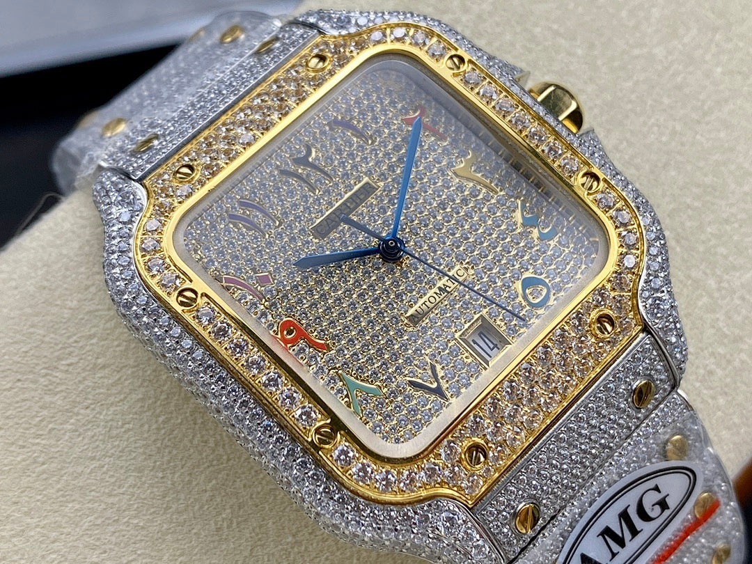 Square face luxury watch with blue dial, gold bezel, diamond details, and light gray band