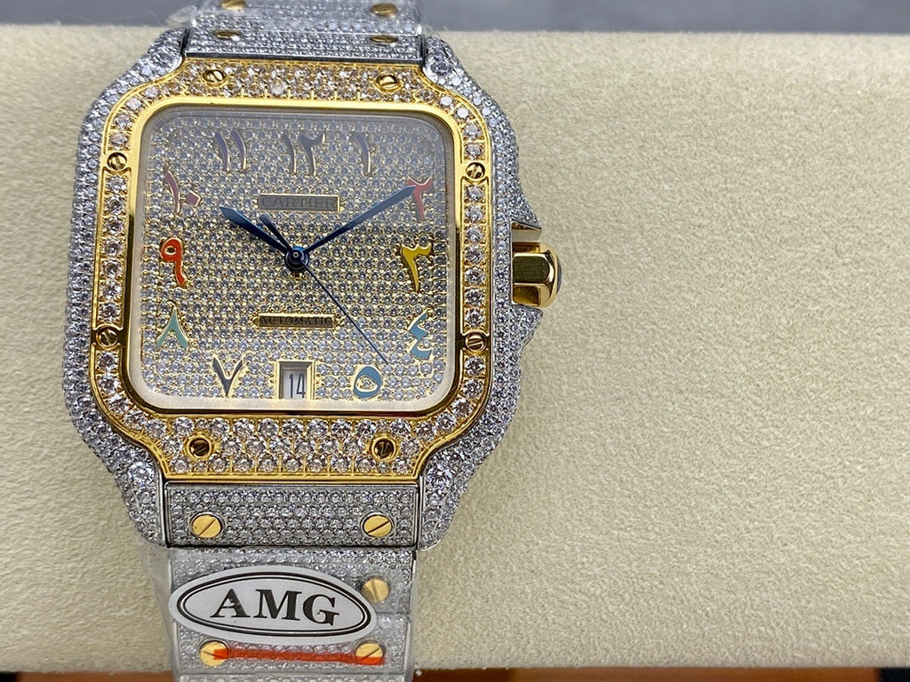 Square luxury wristwatch with diamond bezel, gold trim, blue dial, and light gray strap