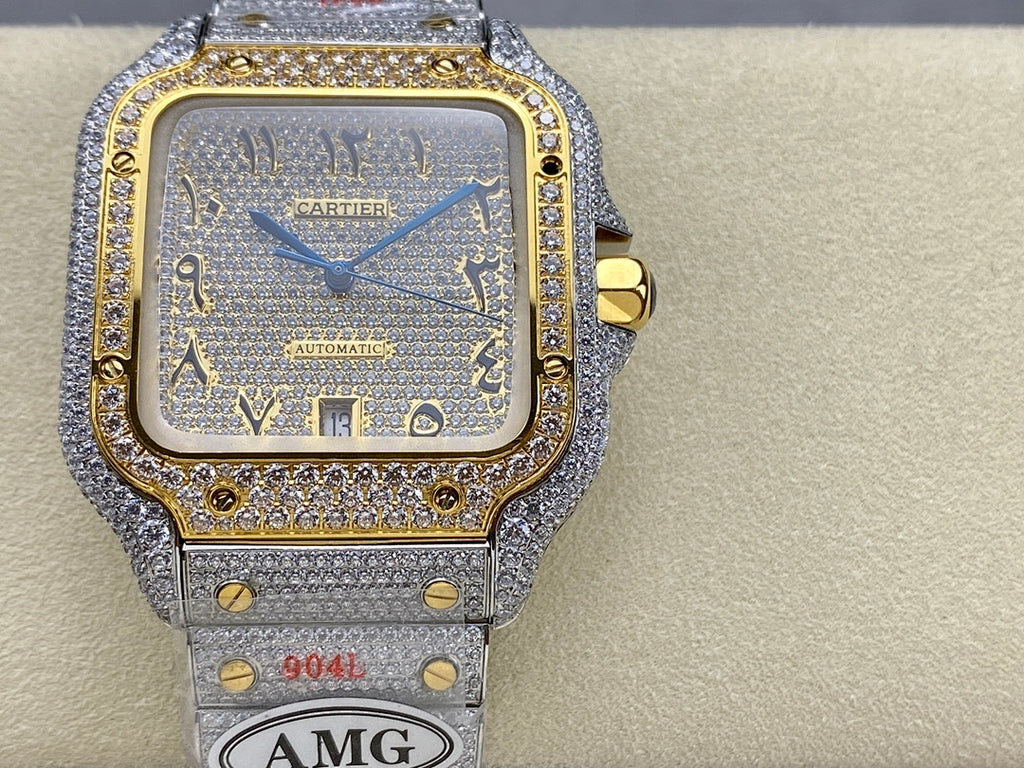 Square blue-dial wristwatch with diamond-look bezel, gold crown, and gray segmented band