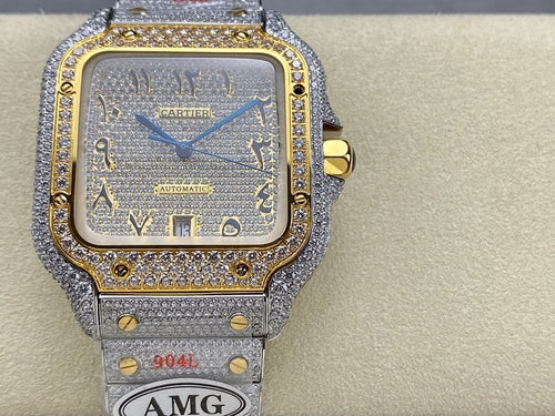 Square blue-dial wristwatch with diamond-look bezel, gold crown, and gray segmented band