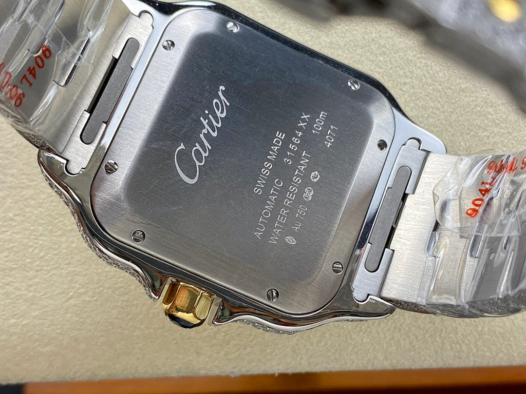Stainless steel watch case with script logo on back, textured metal bracelet, engraved text