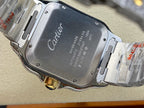 Stainless steel watch case with script logo on back, textured metal bracelet, engraved text