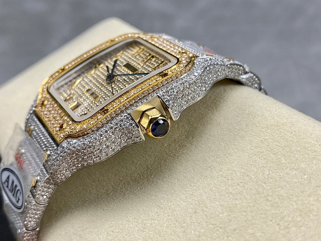 Square wristwatch with dark blue dial, glittering silver case, gold frame, and blue gem detail