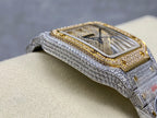 Side view of a square watch with diamond-look bezel, gold trim, and dark blue dial