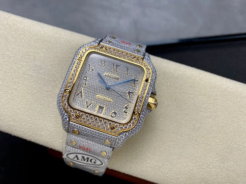 Square watch with blue dial, gold Roman numerals, diamond-look bezel, on gray strap