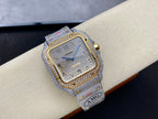 Square blue-dial wristwatch with gold details and diamond-look case on gray band