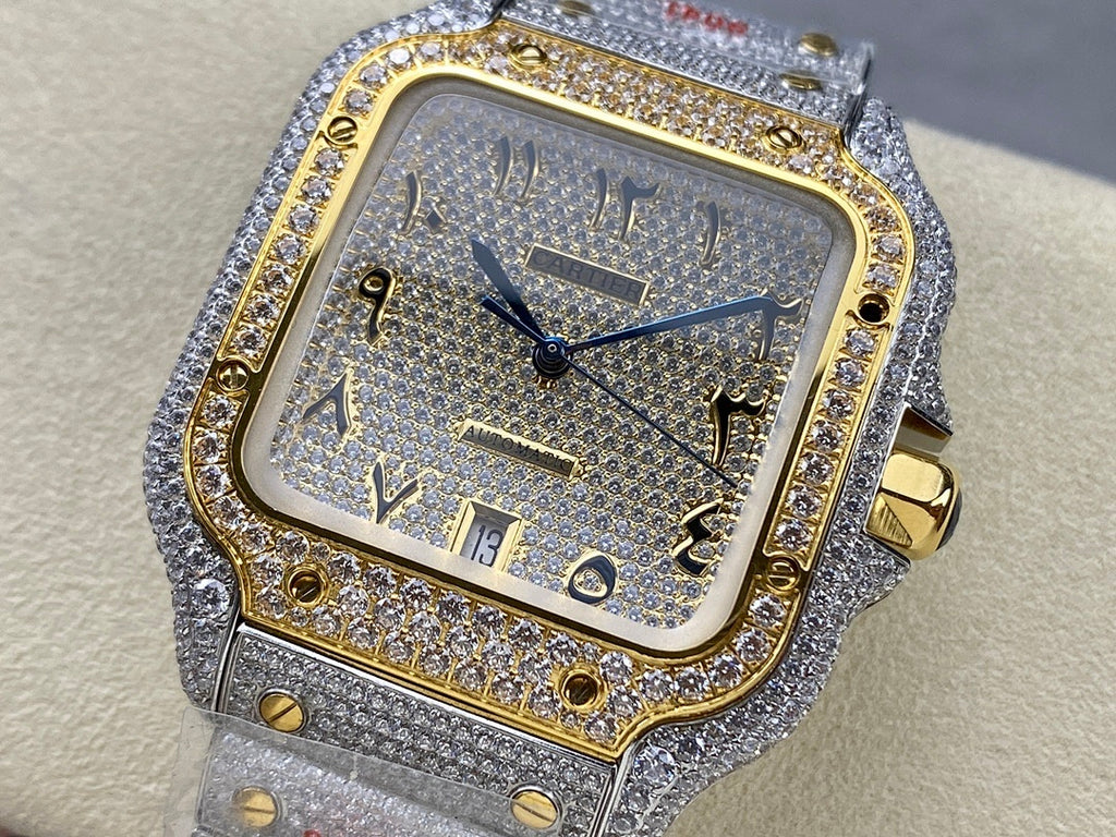 Square watch with blue glitter dial, gold inner bezel, and diamond-look silver strap