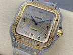 Square watch with blue glitter dial, gold inner bezel, and diamond-look silver strap