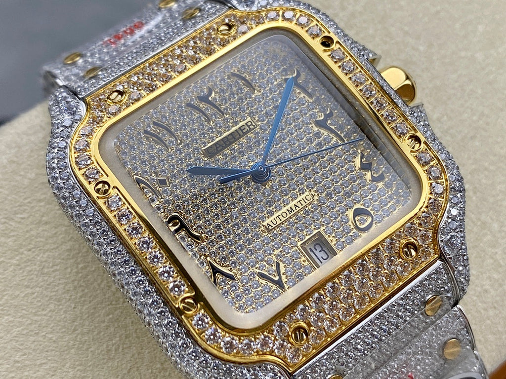 Square watch with blue dial, gold bezel outline, diamond-look frame, and automatic marking