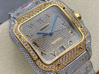 Square watch with blue dial, gold bezel outline, diamond-look frame, and automatic marking