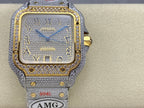 Square blue-dial wristwatch with gold numerals, diamond-look bezel, gray strap and gold clasp
