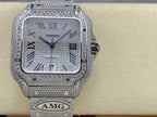 Cartier watch with diamond-like bezel, open view of textured Roman numeral dial