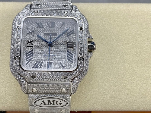Cartier watch with diamond-like bezel, open view of textured Roman numeral dial