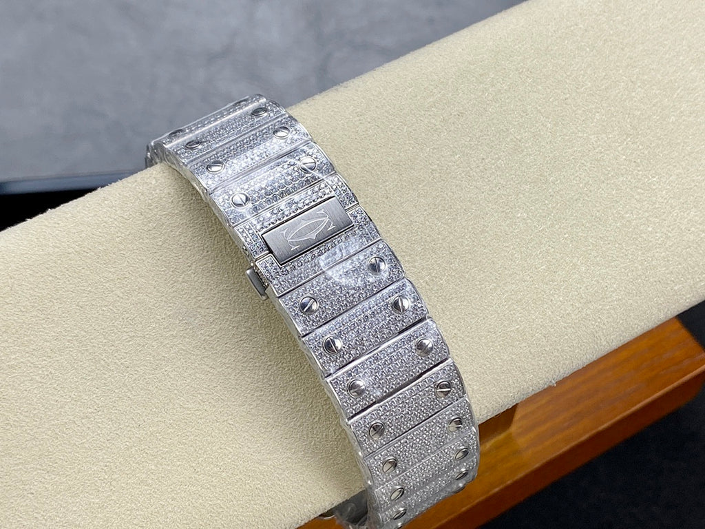 Cartier watch on wristband, side profile with diamond-like bezel and markers