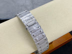Cartier watch on wristband, side profile with diamond-like bezel and markers