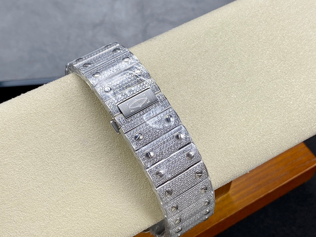 Cartier watch on wristband, side profile with diamond-like bezel and markers