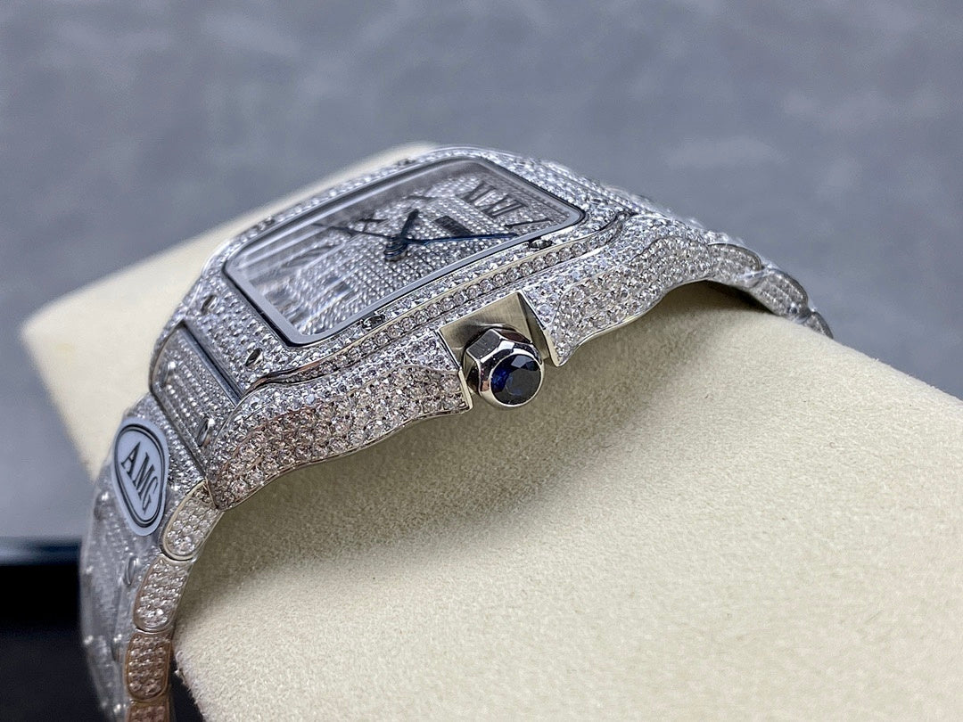 Cartier watch crown side, diamond-like bezel and round blue accent visible