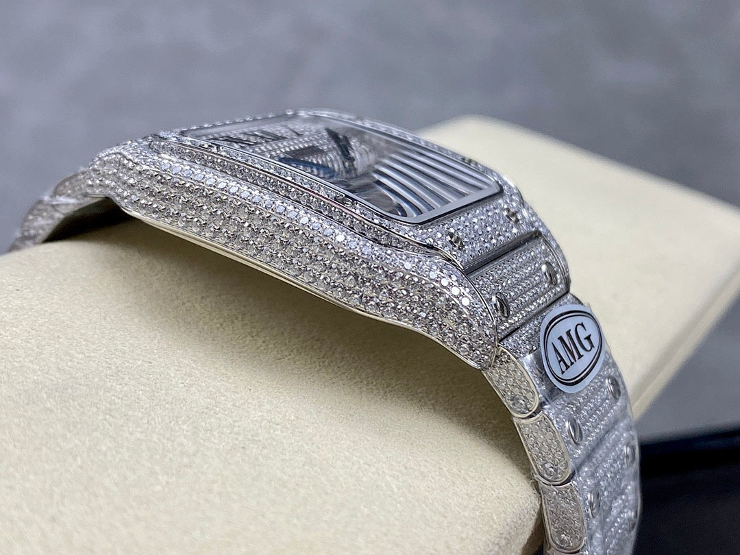 Cartier watch side angle, diamond-like bracelet band and bezel pattern visible