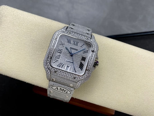 Cartier watch with diamond-like bezel, blue hands and Roman numeral dial