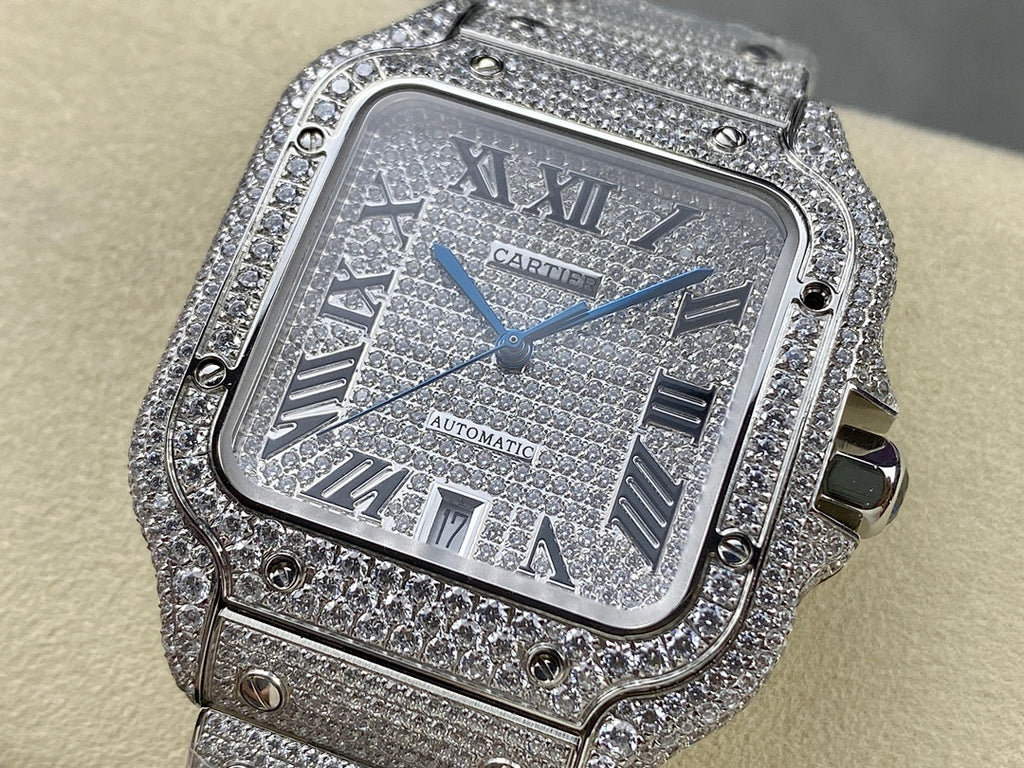 Cartier watch front view, diamond-like case with Roman numeral dial and blue hands