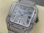 Cartier watch front view, diamond-like case with Roman numeral dial and blue hands