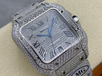 Cartier watch front angle, textured dial with Roman numerals and blue hands