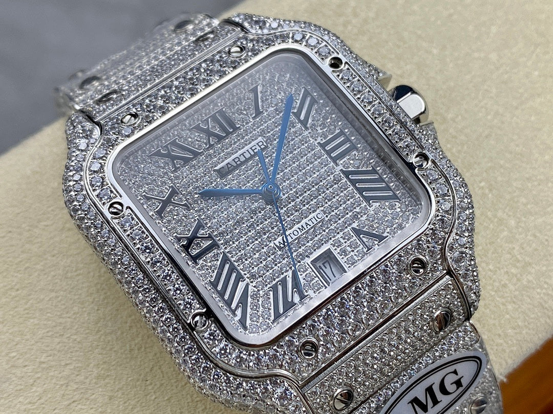 Cartier watch front angle, textured dial with Roman numerals and blue hands