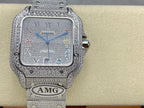 Cartier watch on wrist display with jeweled bezel, silver dial, multicolor hands, AMG plate