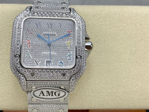 Cartier watch on wrist display with jeweled bezel, silver dial, multicolor hands, AMG plate