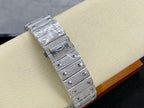 Cartier watch bracelet view with silver link strap and jeweled case back clasp detail