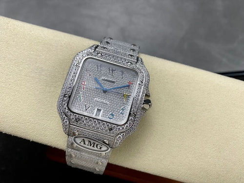 Cartier watch with rectangular jeweled case and silver dial, multicolor accents, bracelet strap
