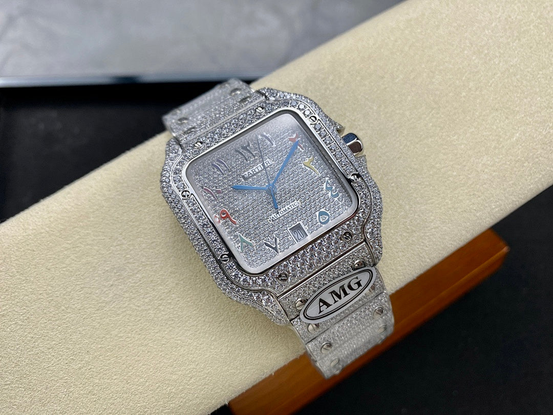 Cartier watch front view with silver dial, blue hour hand, multicolor accents, AMG plate