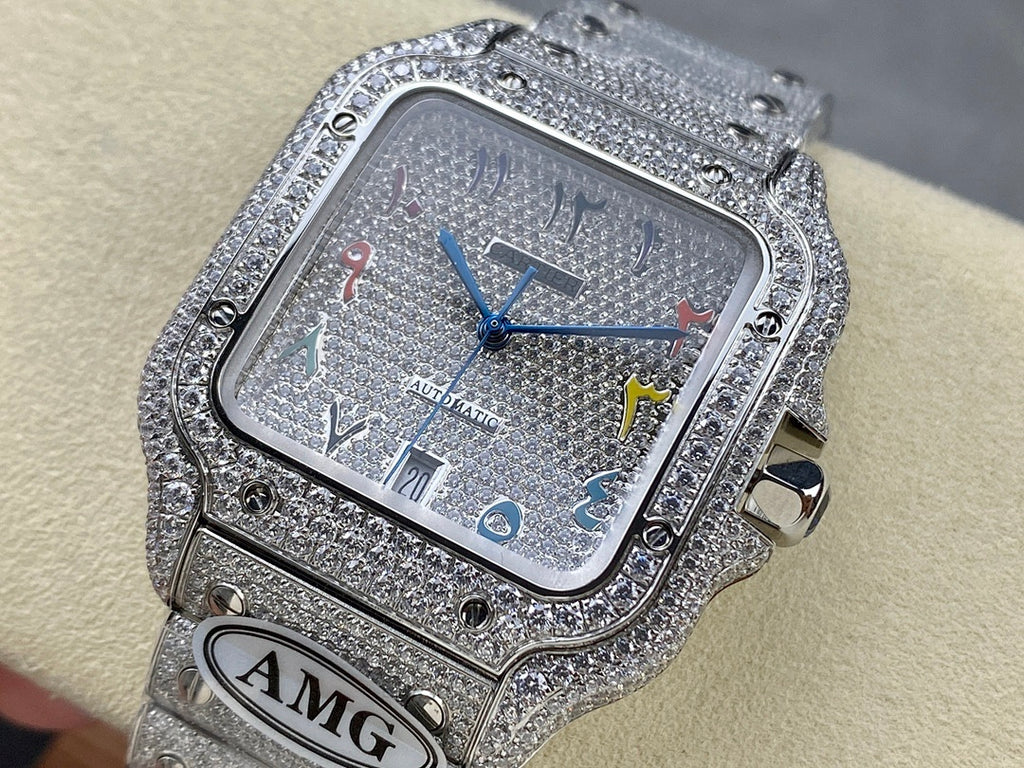 Cartier watch close front view with silver textured dial, multicolor hands, jeweled bezel