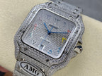 Cartier watch close front view with silver textured dial, multicolor hands, jeweled bezel