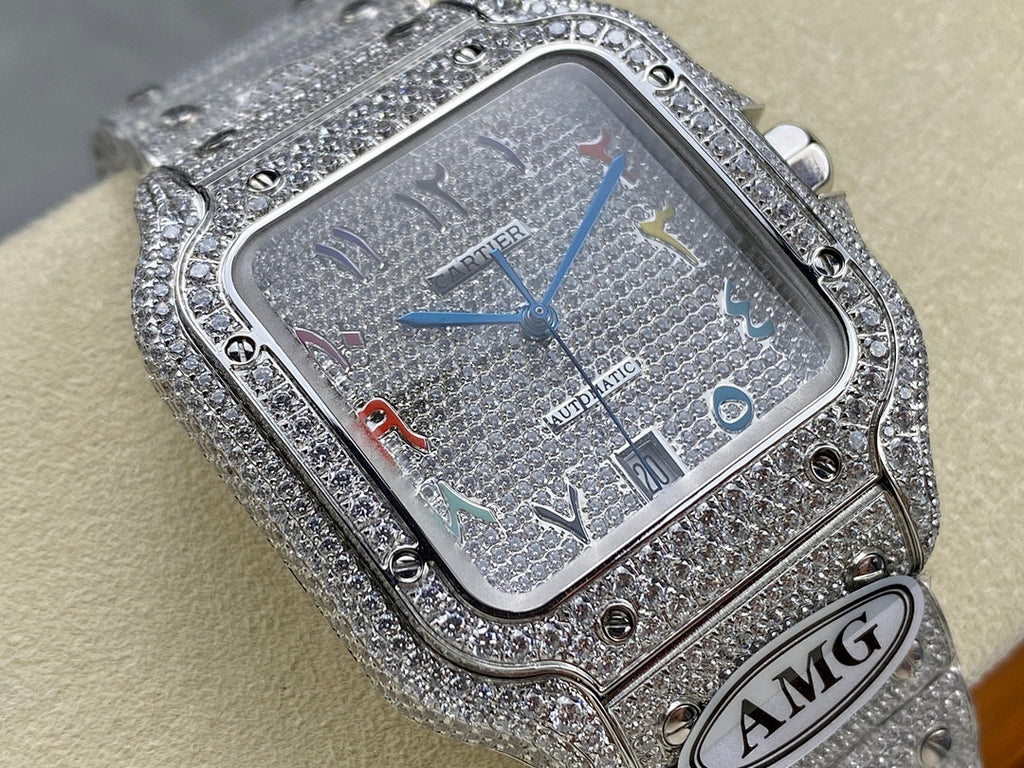 Cartier watch overhead view with rectangular jeweled case, silver dial, multicolor accents