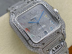 Cartier watch overhead view with rectangular jeweled case, silver dial, multicolor accents