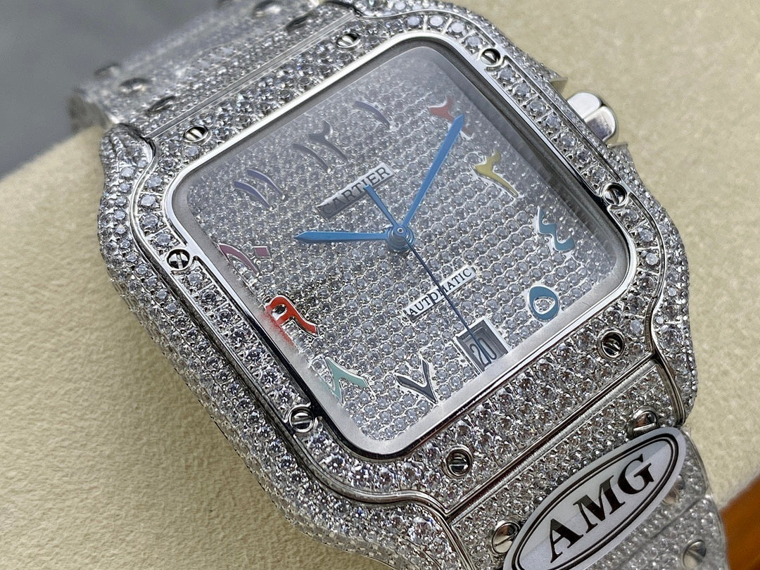 Cartier watch overhead view with rectangular jeweled case, silver dial, multicolor accents