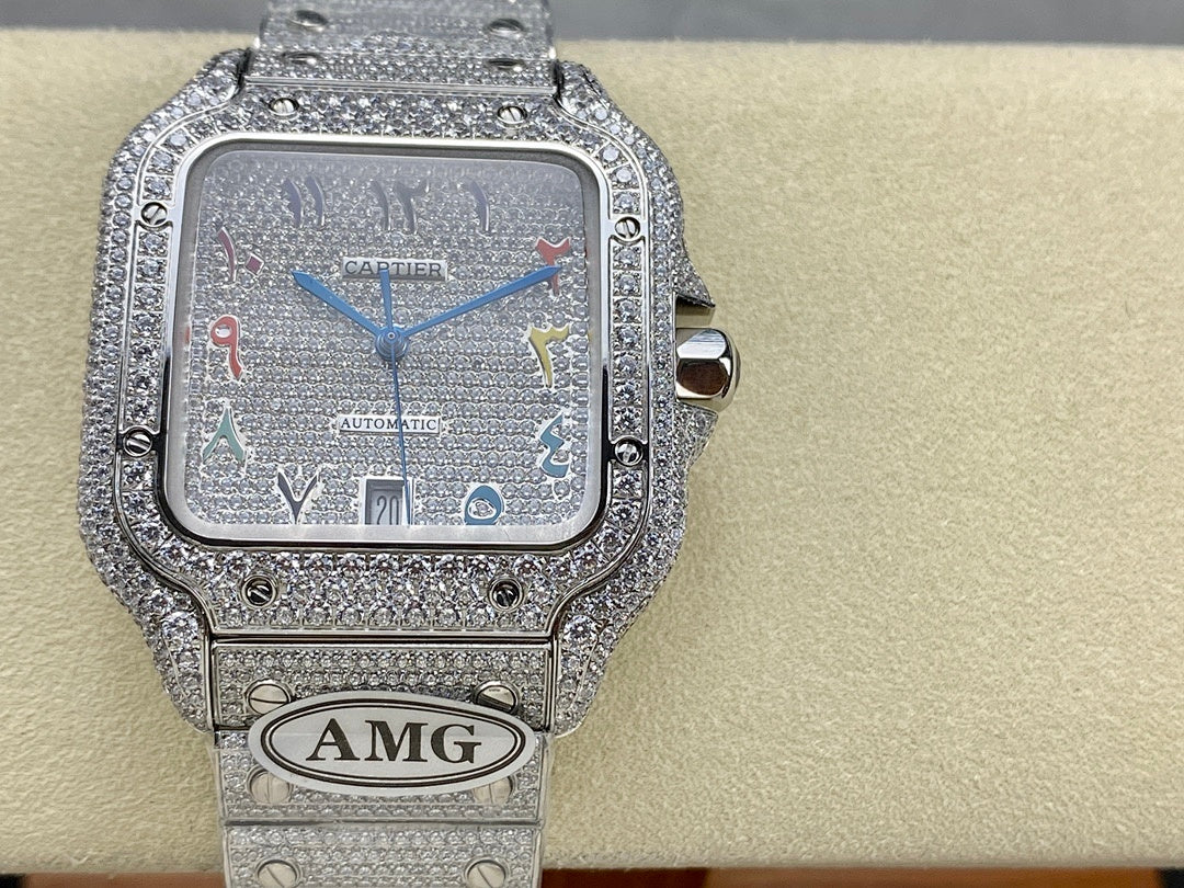 Cartier watch front view with silver dial, multicolor hands, jeweled bezel, AMG plate