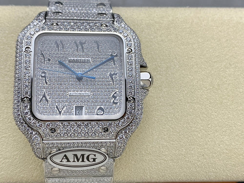 Cartier square watch with jeweled silver-tone frame, blue dial with Roman numerals, AMG logo.