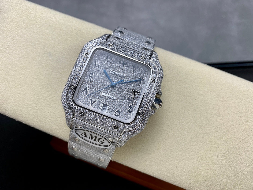 Cartier watch with diamond-studded silver-tone case, blue dial, leather/metal strap, clasp.