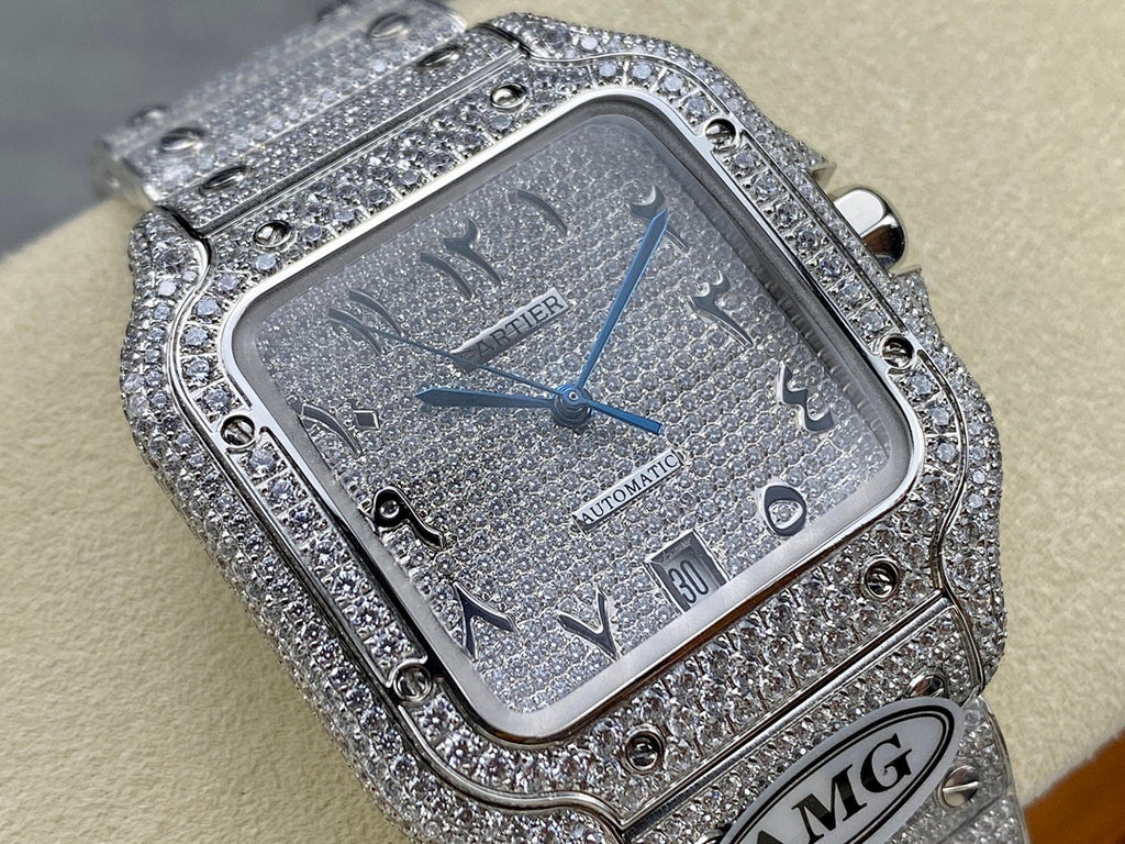 Cartier watch close-up with blue dial, diamond-studded frame, AMG logo on bracelet link.