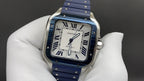 Cartier square watch with blue leather strap and silver case, Roman numeral white dial