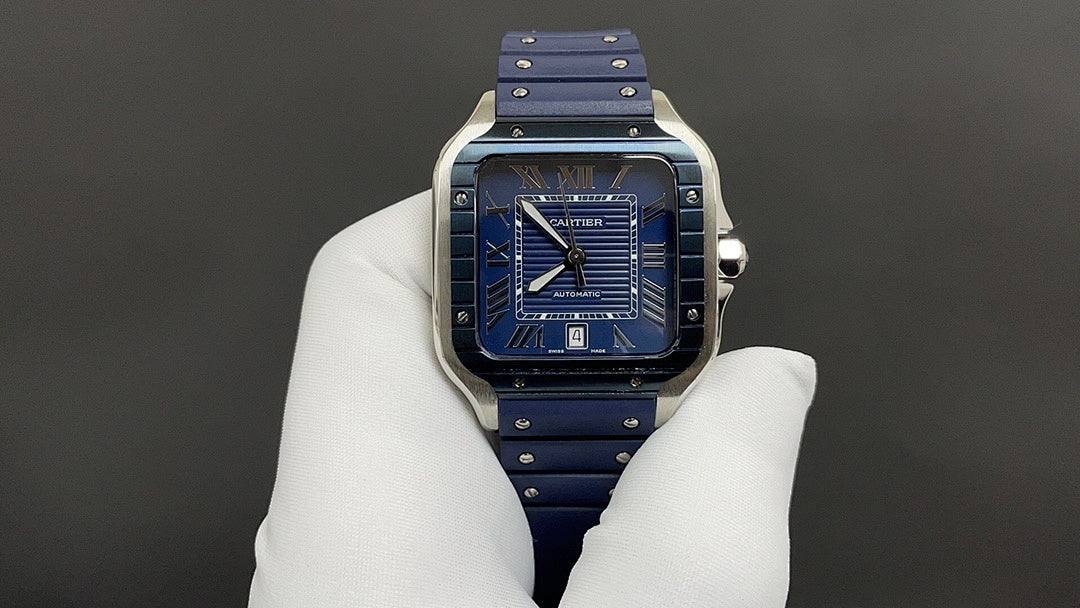 Cartier watch front view with blue square dial accents and blue leather strap