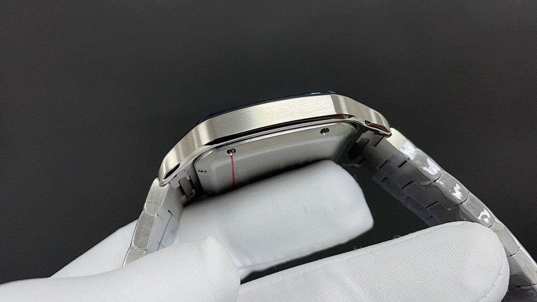 Stainless steel watch bracelet and case side view, no dial details visible