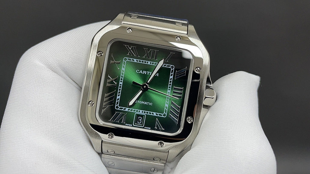 Cartier watch with green dial and Roman numerals, steel case and bracelet