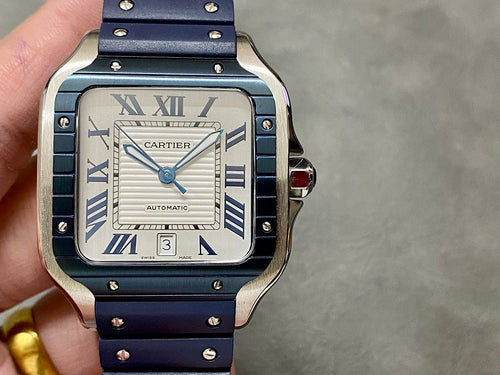 Cartier blue leather watch, roman numeral dial, date window, steel case and crown