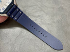 Cartier blue leather watch strap with row of holes, metal case end